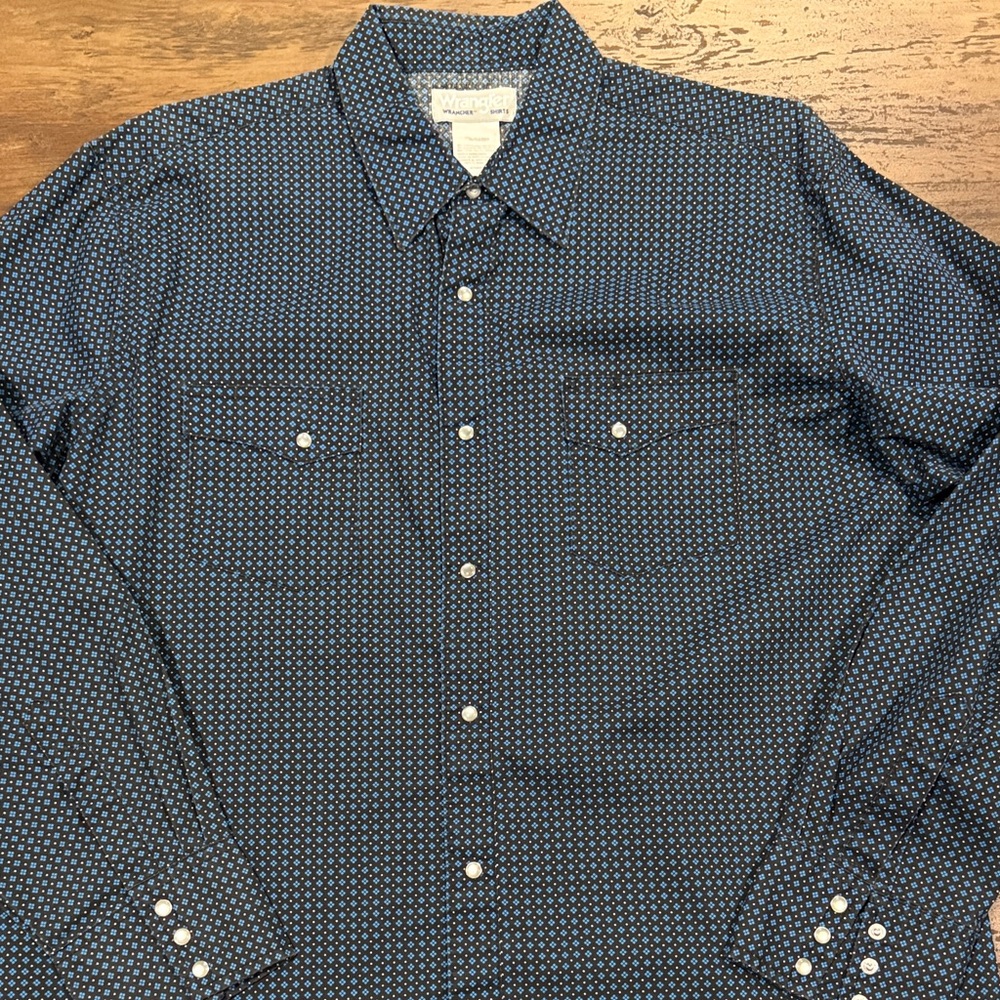 Wrangler Wrancher Men’s Black w/ Navy Geometric Western Pearl Snap XL Shirt